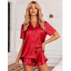 Ekouaer Womens Satin Pajamas Set Button Down 2 Piece Silk Pjs Shorts Set Ruffle Lingerie Notch Collar Sleepwear(Red)