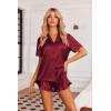 Ekouaer Womens Satin Pajamas Set Button Down 2 Piece Silk Pjs Shorts Set Ruffle Lingerie Notch Collar Sleepwear(Wind Red)