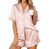 Ekouaer Womens Satin Pajamas Set 2 Piece Button Down Silk Pjs Ruffle Short Sleeve Shorts Set Notch Collar Sleepwear(Coffee Pink Leopard)