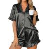 Ekouaer Womens Satin Pajamas Set 2 Piece Button Down Silk Pjs Ruffle Short Sleeve Shorts Set Notch Collar Sleepwear(Gray Leopard)