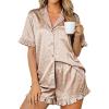 Ekouaer Womens Satin Pajamas Set 2 Piece Button Down Silk Pjs Ruffle Short Sleeve Shorts Set Notch Collar Sleepwear(Khaki Leopard)