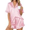 Ekouaer Womens Satin Pajamas Set 2 Piece Button Down Silk Pjs Ruffle Short Sleeve Shorts Set Notch Collar Sleepwear(Pink White Stripes)
