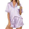 Ekouaer Womens Satin Pajamas Set 2 Piece Button Down Silk Pjs Ruffle Short Sleeve Shorts Set Notch Collar Sleepwear(Purple White Stripes)