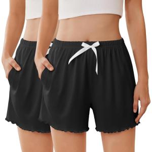 Ekouaer 2 Pack Womens Pajama Shorts 2026 Summer Casual Lounge Sleep Short Ruffle Soft Comfy Pj Bottoms with Pockets(Black+black)