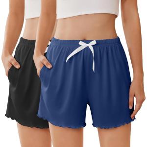 Ekouaer 2 Pack Womens Pajama Shorts 2026 Summer Casual Lounge Sleep Short Ruffle Soft Comfy Pj Bottoms with Pockets(Black+dark Blue)