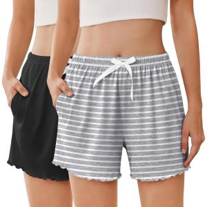 Ekouaer 2 Pack Womens Pajama Shorts 2026 Summer Casual Lounge Sleep Short Ruffle Soft Comfy Pj Bottoms with Pockets(Black+gray Stripe)