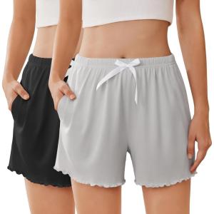 Ekouaer 2 Pack Womens Pajama Shorts 2026 Summer Casual Lounge Sleep Short Ruffle Soft Comfy Pj Bottoms with Pockets(Black+light Gray)