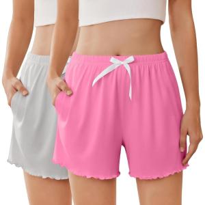 Ekouaer 2 Pack Womens Pajama Shorts 2026 Summer Casual Lounge Sleep Short Ruffle Soft Comfy Pj Bottoms with Pockets(Light Gray/Peachy Pink)