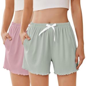 Ekouaer 2 Pack Womens Pajama Shorts 2026 Summer Casual Lounge Sleep Short Ruffle Soft Comfy Pj Bottoms with Pockets(Light Green+light Pink)