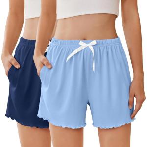 Ekouaer 2 Pack Womens Pajama Shorts 2026 Summer Casual Lounge Sleep Short Ruffle Soft Comfy Pj Bottoms with Pockets(Navy+light Blue)