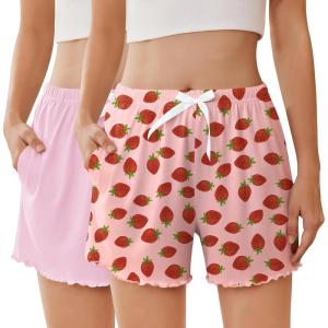 Ekouaer 2 Pack Womens Pajama Shorts 2026 Summer Casual Lounge Sleep Short Ruffle Soft Comfy Pj Bottoms with Pockets(Pink+strawberry)
