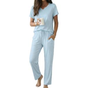 Ekouaer 2 Piece Womens Pajamas V Neck Short Sleeve Top and Long Pants Pjs Print Lounge Set Sleepwear(Light Blue Stars)