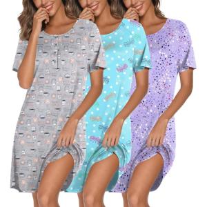 Ekouaer 3 Pack Nightgowns for Women Short Sleeve Sleepshirt Button Down Nightshirt Soft Pajamas Dress Casual Sleepwear(Blue Print/Coffee Cup/Purple Stars)