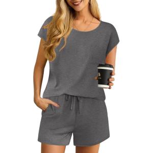 Ekouaer Pajama Sets Lounge Sets for Women 2 Piece Short Sleeve Tops and Shorts Comfy Pjs Sleepwear, S-XXL(Dark Grey)
