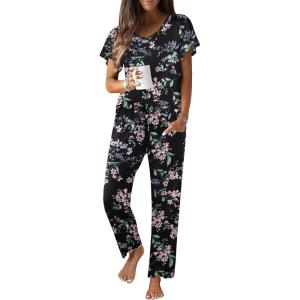 Ekouaer Pajama Sets Womens Short Sleeve Sleepwear Long Pants Pjs 2 Piece Lounge Set Soft Nightwear S-XXL(Black Floral)