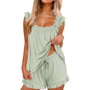 Ekouaer Pajama for Women Set 2 Piece Ruffle Pjs Soft Tank Top and Shorts Sleepwear Set Bridal Pajama Set for Women(Light Green)