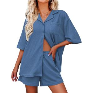 Ekouaer Pajamas for Women Waffle Knit Lounge Set Button Down Loungewear Soft Short Sleeve Pjs Shorts Set S-XXL