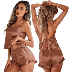 Ekouaer Satin Backless Ruffle Pajamas Silk Bow Ties Lingerie Set Wedding Bridal Party Sleepwear for Women(Brown)