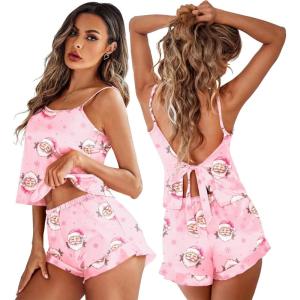 Ekouaer Satin Backless Ruffle Pajamas Silk Bow Ties Lingerie Set Wedding Bridal Party Sleepwear for Women(Christmas Pink)