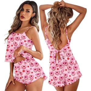 Ekouaer Satin Backless Ruffle Pajamas Silk Bow Ties Lingerie Set Wedding Bridal Party Sleepwear for Women(Pink Cake)