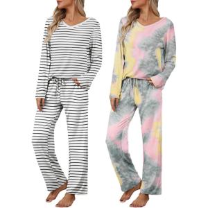 Ekouaer Womens 2 Pack Pajama Set Long Sleeve Pajamas Top and Pants V Neck Pjs Set Soft Loungewear with Pockets(Agray Tie-dye  White Strip)