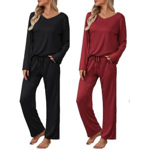 Ekouaer Womens 2 Pack Pajama Set Long Sleeve Pajamas Top and Pants V Neck Pjs Set Soft Loungewear with Pockets(Black  Wine Red)