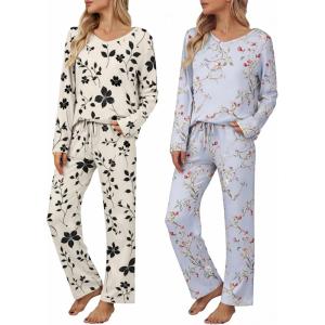 Ekouaer Womens 2 Pack Pajama Set Long Sleeve Pajamas Top and Pants V Neck Pjs Set Soft Loungewear with Pockets(Black Floral  Blue Floral)