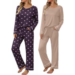 Ekouaer Womens 2 Pack Pajama Set Long Sleeve Pajamas Top and Pants V Neck Pjs Set Soft Loungewear with Pockets(Black Love khaki)