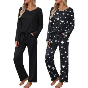 Ekouaer Womens 2 Pack Pajama Set Long Sleeve Pajamas Top and Pants V Neck Pjs Set Soft Loungewear with Pockets(Black Star  Black)