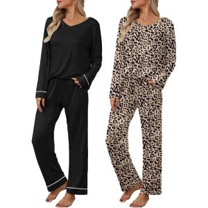 Ekouaer Womens 2 Pack Pajama Set Long Sleeve Pajamas Top and Pants V Neck Pjs Set Soft Loungewear with Pockets(Black leopard)
