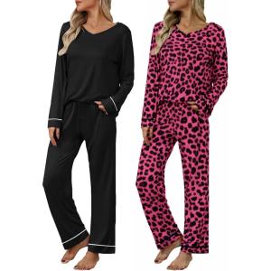 Ekouaer Womens 2 Pack Pajama Set Long Sleeve Pajamas Top and Pants V Neck Pjs Set Soft Loungewear with Pockets(Black leopard Rose Black)