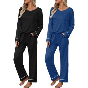 Ekouaer Womens 2 Pack Pajama Set Long Sleeve Pajamas Top and Pants V Neck Pjs Set Soft Loungewear with Pockets(Black navy Blue)