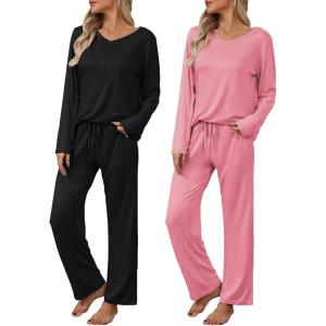 Ekouaer Womens 2 Pack Pajama Set Long Sleeve Pajamas Top and Pants V Neck Pjs Set Soft Loungewear with Pockets(Black pink)