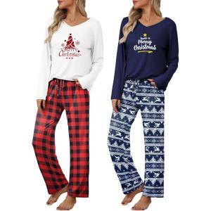 Ekouaer Womens 2 Pack Pajama Set Long Sleeve Pajamas Top and Pants V Neck Pjs Set Soft Loungewear with Pockets(Blue Christmas Elk  Red Plaid Christmas)