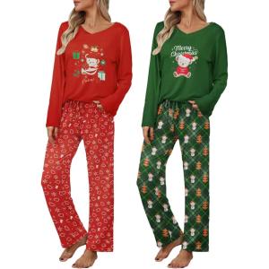 Ekouaer Womens 2 Pack Pajama Set Long Sleeve Pajamas Top and Pants V Neck Pjs Set Soft Loungewear with Pockets(Christmas Red Teddy christmas Green Teddy)