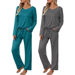 Ekouaer Womens 2 Pack Pajama Set Long Sleeve Pajamas Top and Pants V Neck Pjs Set Soft Loungewear with Pockets(Dark Gray  Green)