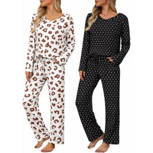 Ekouaer Womens 2 Pack Pajama Set Long Sleeve Pajamas Top and Pants V Neck Pjs Set Soft Loungewear with Pockets(Geometric Diamond Polka Dots leopard-apricot&brown)