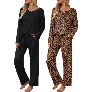 Ekouaer Womens 2 Pack Pajama Set Long Sleeve Pajamas Top and Pants V Neck Pjs Set Soft Loungewear with Pockets(Leopard black)
