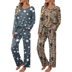 Ekouaer Womens 2 Pack Pajama Set Long Sleeve Pajamas Top and Pants V Neck Pjs Set Soft Loungewear with Pockets(Leopard grey Star)