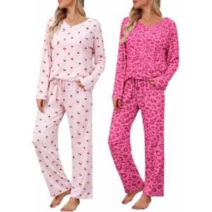 Ekouaer Womens 2 Pack Pajama Set Long Sleeve Pajamas Top and Pants V Neck Pjs Set Soft Loungewear with Pockets(Leopard-rose Pink cherry Pink)