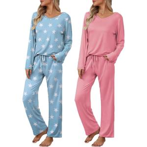 Ekouaer Womens 2 Pack Pajama Set Long Sleeve Pajamas Top and Pants V Neck Pjs Set Soft Loungewear with Pockets(Light Blue Star  Pink)