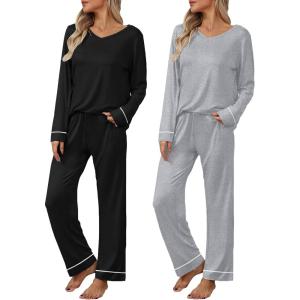 Ekouaer Womens 2 Pack Pajama Set Long Sleeve Pajamas Top and Pants V Neck Pjs Set Soft Loungewear with Pockets(Light Grey black)