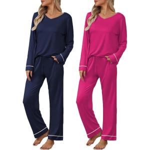 Ekouaer Womens 2 Pack Pajama Set Long Sleeve Pajamas Top and Pants V Neck Pjs Set Soft Loungewear with Pockets(Navy Blue rose)