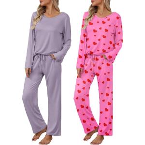 Ekouaer Womens 2 Pack Pajama Set Long Sleeve Pajamas Top and Pants V Neck Pjs Set Soft Loungewear with Pockets(Pink Love  Purple)