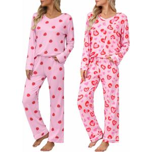 Ekouaer Womens 2 Pack Pajama Set Long Sleeve Pajamas Top and Pants V Neck Pjs Set Soft Loungewear with Pockets(Pink Strawberry，leopard Love)