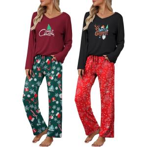Ekouaer Womens 2 Pack Pajama Set Long Sleeve Pajamas Top and Pants V Neck Pjs Set Soft Loungewear with Pockets(Red Christmas Print  Green Christmas Print)