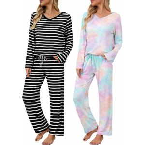 Ekouaer Womens 2 Pack Pajama Set Long Sleeve Pajamas Top and Pants V Neck Pjs Set Soft Loungewear with Pockets(Stripes-black&white tie-dye)