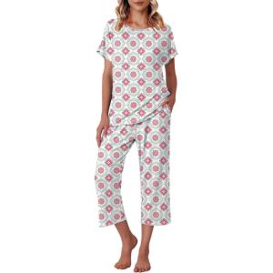 Ekouaer Women’s Capri Pajama Sets Print Short Sleeve Sleepwear Top and Capri Pants Soft Loungewear with Pocket(Diamond Silhouette Flower)
