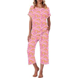 Ekouaer Women’s Capri Pajama Sets Print Short Sleeve Sleepwear Top and Capri Pants Soft Loungewear with Pocket(Pink Cashew Flower Print)