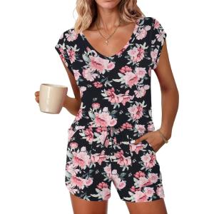 Ekouaer Womens Pajama Sets 2 Piece Lounge Sets Comfy Short Sleeve Tops and Shorts Cute Pjs Outfits Set S-XXL(Floral Black)